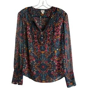 CONVERSE SIZE SMALL NAVY/MULTI FLORAL LONG SLEEVE BUTTON NECK TOP